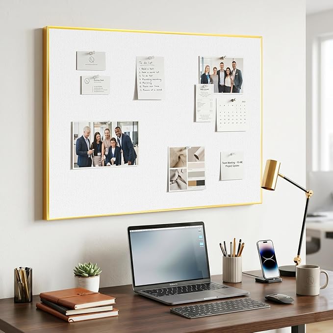 Linen Bulletin Board 24 x18 Inches, White Pin Board Vision Board, Gold Aluminum Framed Fabric Cork Board for Home Office Wall Decor, 10 Push Pins