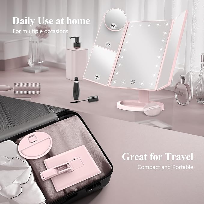 HUONUL Makeup Mirror, Vanity Mirror with Lights, 2X/3X/10X Magnification, Touch Control, Trifold, Dual Power Supply, Birthday Gifts for Women, Wife, Mom, Girls,Dorm Room Essentials