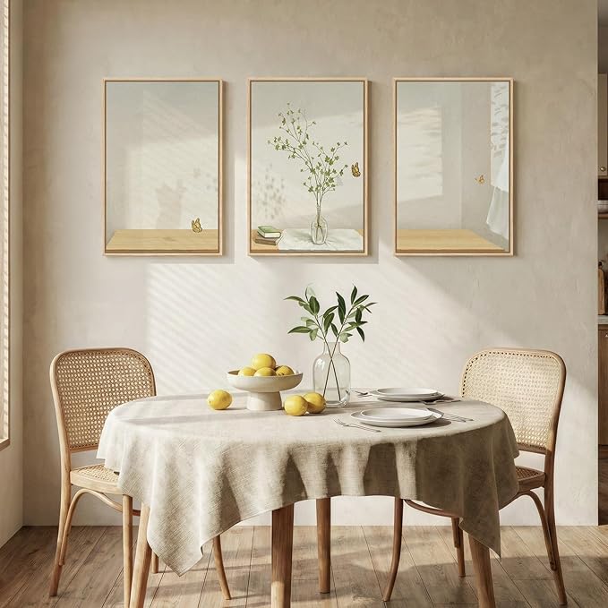Framed Botanical Neutral 3 Piece Wall Art for Living Room, Minimalist Butterfly Sunshine Canvas Artwork for Walls, Peaceful Sill Life Illustration Print Bedroom Dining Room Office Wall Decor, 16x24 In