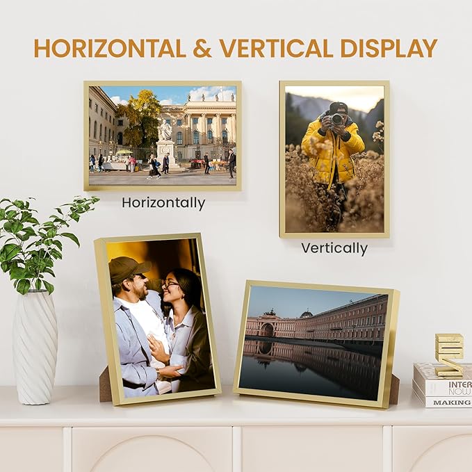 7x10 Aluminum Metal Picture Frame,Tempered Glass Gold Photo Frame 7x10 for Family Photo,Posters,Art,Document to Wall Mount Horizontally or Vertically