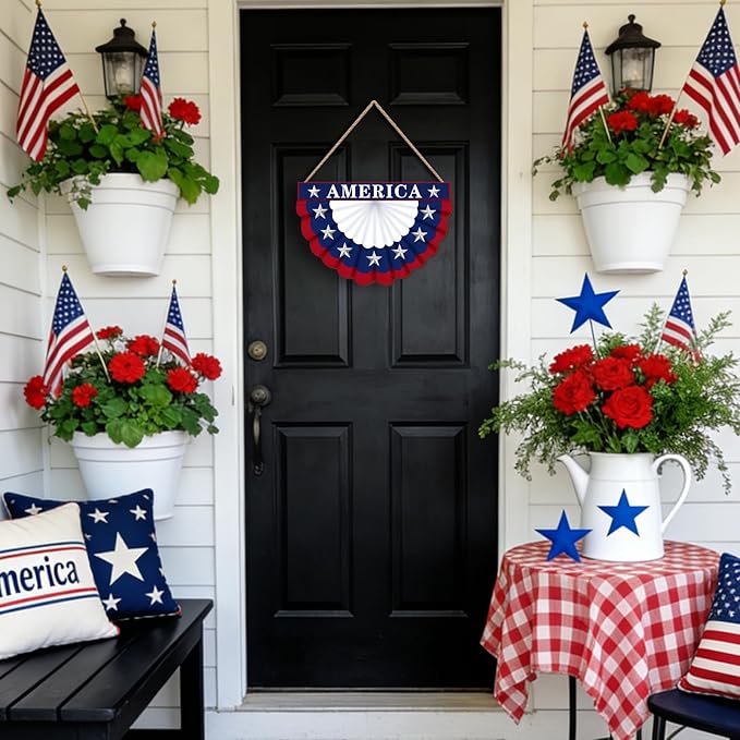 4th of July Wreath Patriotic Decorations Patriotic Wreaths for Front Door Hanging Sign Wooden 4th of July Decorations for Front Door Decorations Memorial Day Fourth of July Porch Wall Home Decor