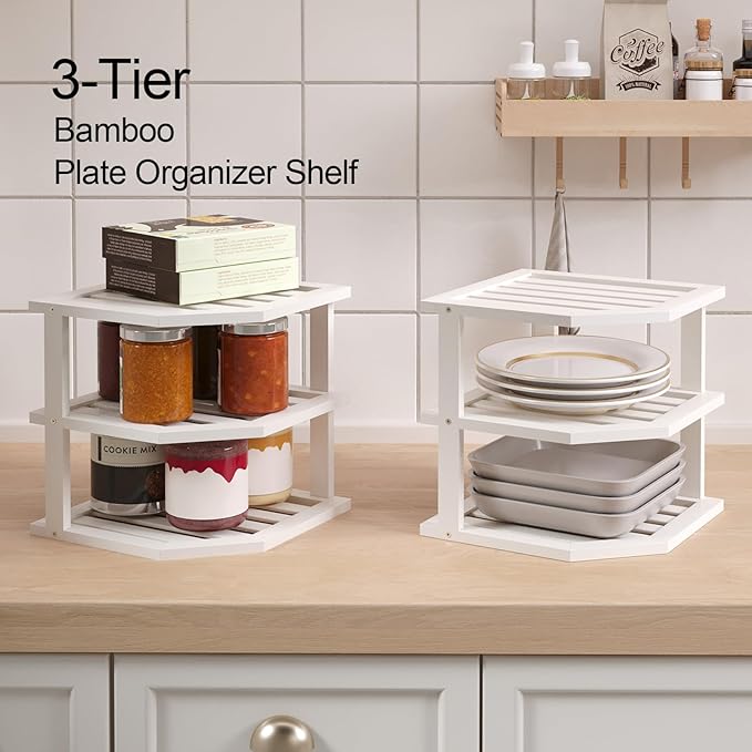 VERTORGAN 3 Tier Bamboo Corner Shelf(2 Pack),Dish Drying Rack,Plate Organizer,Kitchen Spice Rack for Countertop and Cabinet(White)