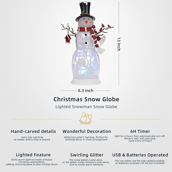 Large Snowman Christmas Snow Globe with Cardinals - Rotating Internal Scene with Swirling Glitter & Colorful Lights, 6H-Timer, Battery/USB Powered, Holiday Christmas Decoration(Snowman Cardinals)
