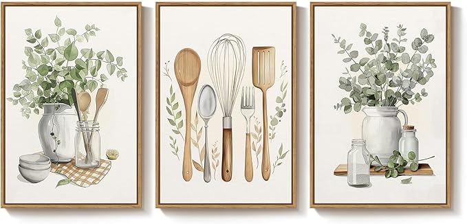Framed Botanical Wall Art for Kitchen, 3 Piece Modern Farmhouse Sage Green Plant Canvas Painting Prints, Vintage Rustic Farmhouse Utensil Artwork for Kitchen Dining Room Coffee Bar Wall Decor, 16x24