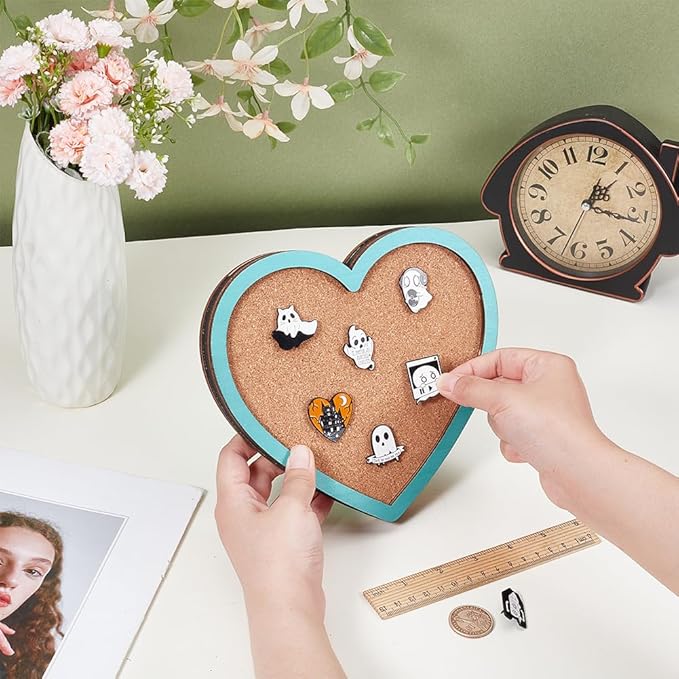 BENECREAT Heart Pin Cork Board, Bulletin Display Board Wall Mounted Cork Board with Light Sky Blue Frame for Brooch Pin Storage Display, Office Home and School Decor, 6.9x7.8inch