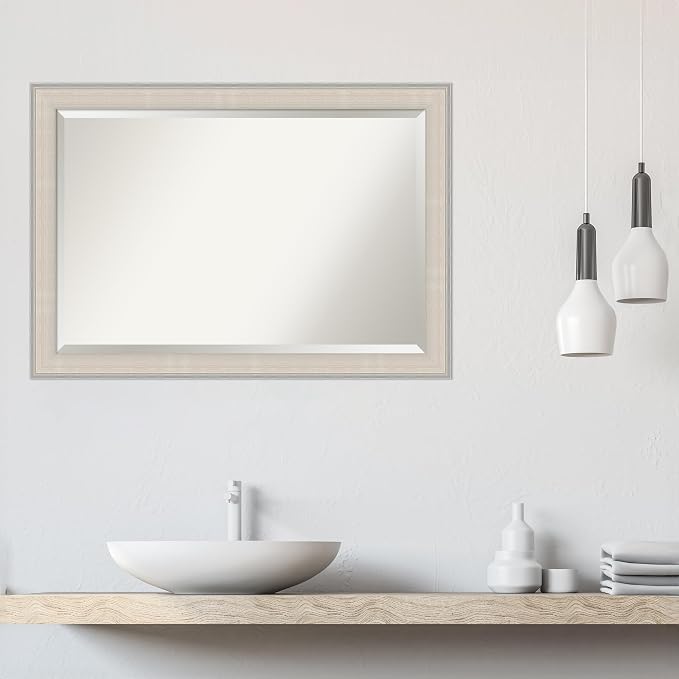 Amanti Art White Wall Mirror 28x40 Cottage White Silver Rectangle Bathroom Mirror for Wall Decor Living Room, Large Cottage Wood Frame, Hangs Horizonally and Vertically, Bathroom Decor, Beveled Edge