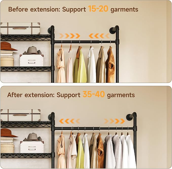 ONBRILL H2 Wall Mounted Clothing Rack, Expandable Industrial Pipe Clothes Rack Garment Racks for Hanging Clothes, Heavy Duty Closet Organizers and Storage in Closet System, Black