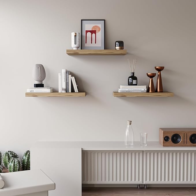 Upassion Floating Shelves for Wall Set of 3, 16" Light Brown Wood Wall Shelves for Home Decor, Frame Display Floating Shelf for Living Room, Bedroom, Bathroom, Kitchen