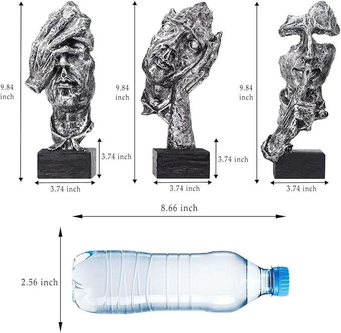 aboxoo Large Size 3 Pcs Thinker Statue, Silence is Gold, See No Evil Hear No Evil Speak No Evil Statues, Modern Resin Sculptures Decor for Living Room, Home, Office Study (Silver)