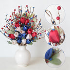Idyllic 6 Pcs Patriotic Floral Stems with Sage Lamb's Ear, Red White Blue Berries & Tulips | 4th of July Memorial Day Wreath Decor