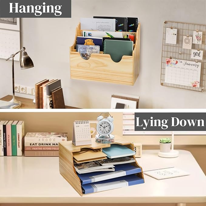 Wood Magazine Holder, 4 Tiers Wall Mounted Desktop Magazine File Divided Organizer, Mail Paper Sorter Newspaper Storage Bin Basket for Office, Home