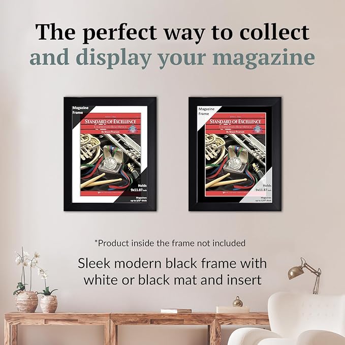 Creative Picture Frames 9 x 11.87 Magazine Frame with Full-Strength Glass, Holds Up To A 1/4" Thick Media with Installed Hangers for Easy Mounting, 11x14 Black Frame with White Mat