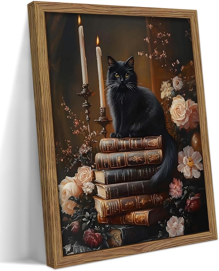 Vintage Dark Academia Framed Wall Art, Victorian Black Cat Floral Canvas Prints, Antique Book Wildflower Gothic Wall Decor for Living Room Gallery Library – Dark Wooden Frame 16x24in