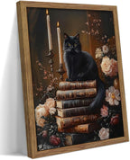Vintage Dark Academia Framed Wall Art, Victorian Black Cat Floral Canvas Prints, Antique Book Wildflower Gothic Wall Decor for Living Room Gallery Library – Dark Wooden Frame 16x24in