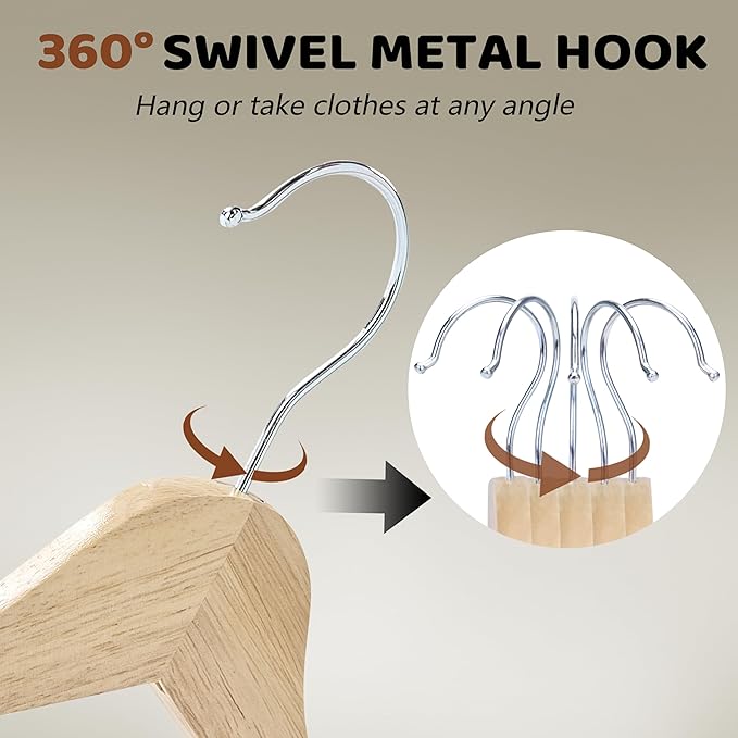 Wooden Hangers 20 Pack, Durable Wood Hangers with 360° Swivel Hook & Notches, Slim Coat Hanger Wooden for Closet, Natural