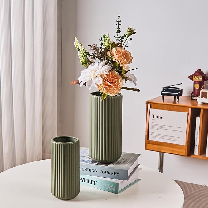 Green Ceramic Flower Vase for Pampas Grass, 8 inch Small Decorative Centerpiece Ribbed Vase for Dining Table, Office Desktop, Shelf Bookshelf, Mantel, Entryway, Bathroom, Countertop, Farmhouse, Gift