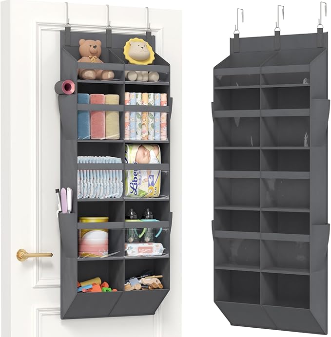 Lifewit 1 Pack Over the Door Organizer, Clear Window Hanging Storage with 4 Side Pockets, Anti Tilt 40 lbs Load Behind Door for Pantry, Nursery, Bathroom, Bedroom, Dorm, 10 Section, Gray