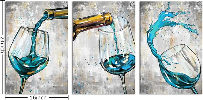 Conipit Teal Grey Wall Art Canvas For Kitchen Dining Room Wine Glass Pictures Artwork Still Life Paintings 16"x24"x3pcs Framed for Restaurant Ready to Hang
