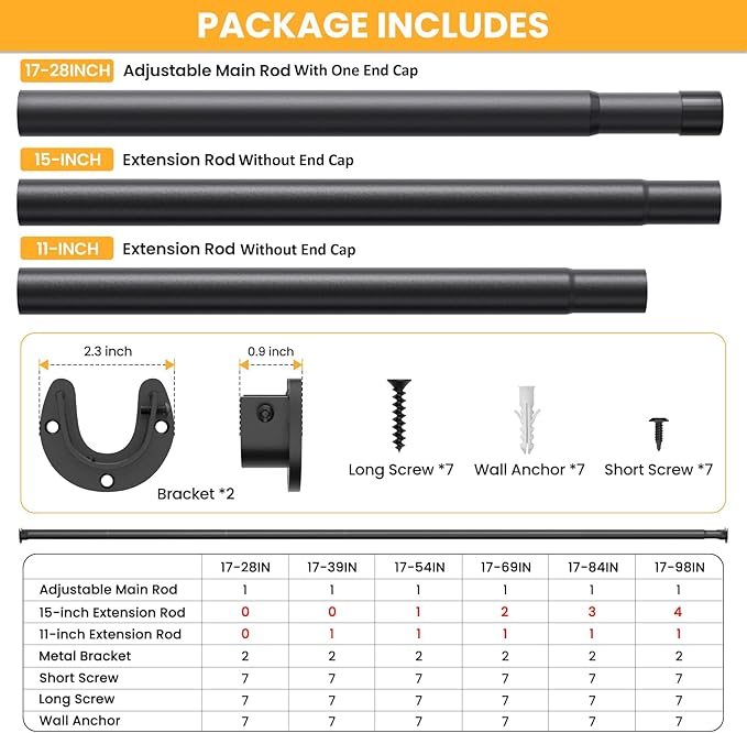 2 Pack Closet Rods for Hanging Clothes, 17-98 Inch No-Cut Stepless Adjustable Closet Rod, 1.3 Inch Heavy Duty Metal Closet Hanging Rod with Brackets, Black Closet Bar for Closet, Laundry Room, RV