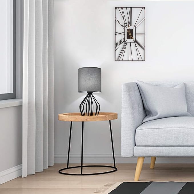 HAITRAL Farmhouse Table Lamp - Small Nightstand Lamp for Bedroom, Black Metal Cage Table Lamp for Living Room, Dorm, Office with Hollowed Out Base, Gray