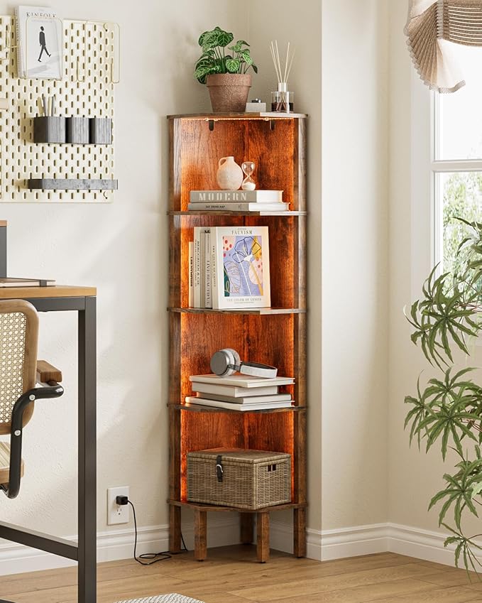 Corner Shelf Stand, 5 Tier Corner Bookshelf,Corner Furniture for Bedroom Display Corner Shelf for Small Space,Wood Shelves with Storage Rack for Living Room,Office, Rustic Brown