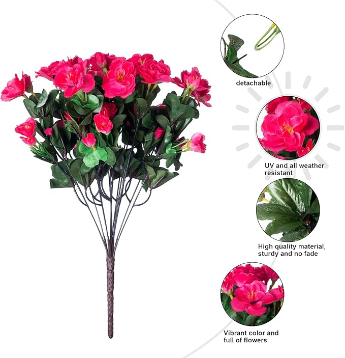 HyeFlora Artificial Faux Outdoor Flowers Plants for Spring Summer Decoration, Fake Silk Hotpink Camellia UV Resistant Look Real for Planter Outside Front Door Porch Patio Balcony, 3 Large Bundles