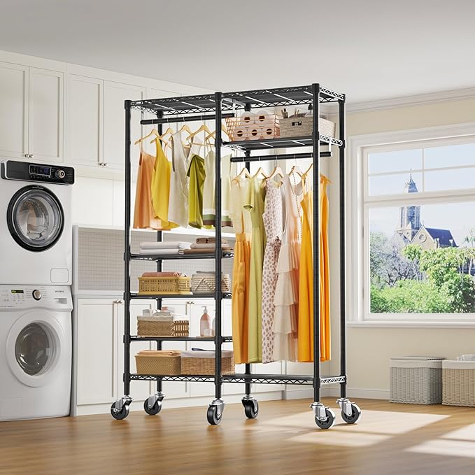 VIPEK R4 Garment Racks Heavy Duty Clothes Rack -620lb Capacity Metal Frame, Rolling Lockable Wheels & 6 Tiers Adjustable Height Shelves & Hanger Rods, Sturdy Wardrobe Closet for Home Storage, Black