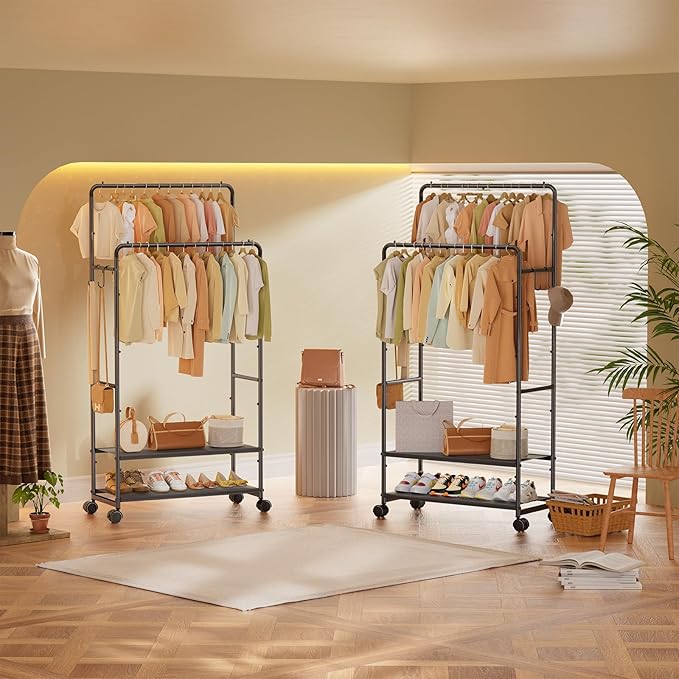 Simple Trending Clothes Rack, Rolling Clothing Rack With Shelves Load 450 LBS, Double Rod Clothing Racks with Wheels for Hanging Clothes, Black