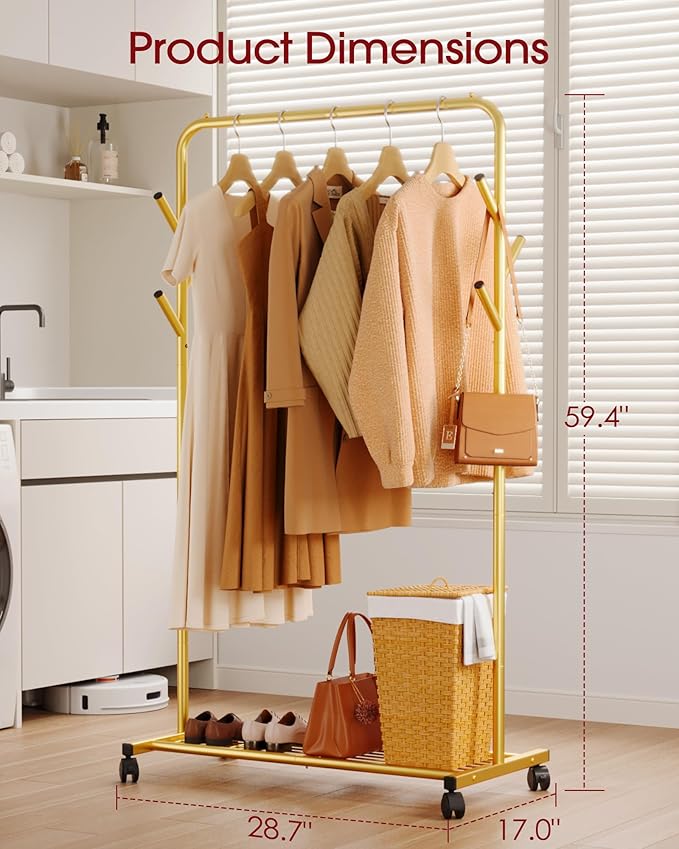 Clothes Rack - Metal Coat Rack with Bottom Shelf, Portable Wardrobe Rack with 6 Side Rods, Rolling Clothing Rack for Hanging Clothes for Bedroom or Laundry Room (Gold, 28.7 x 17 x 59.4)