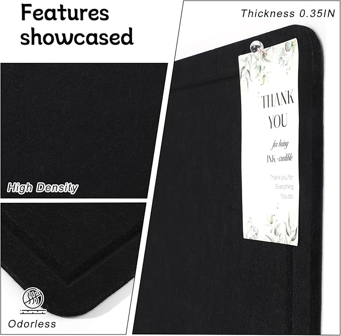 Thboxes Bulletin Board, 36" x 24" Foldable Cork Board Felt Pin Boards with 35 Pushpins Self-Adhesive Photo Decorative Felt Boards for Walls, Office, School, Classroom, Home, Bedroom - Black