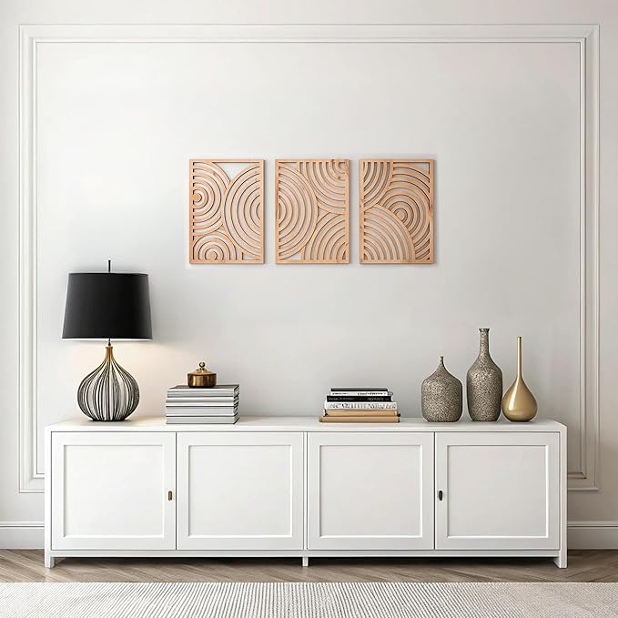qmmp Modern Wooden Wall Sculptures - Set of 3 - Home Decor Accent - Large Wall Art for Living Room, Bedroom, Office - Easy Installation (Oak, Medium - Orbit)