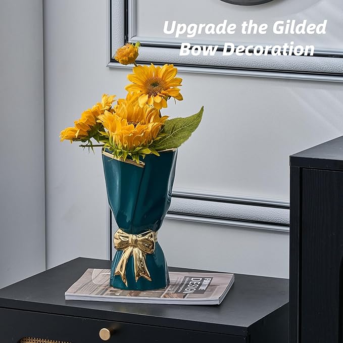 Bow Vase for Home Decor, Gold Vase for Boho Style, 9.65 Inch Large Vases for Ideal Table Decor, Living Room. Ceramic Flower Vases. （Glazed Exterior and Interior） (Green, Large)