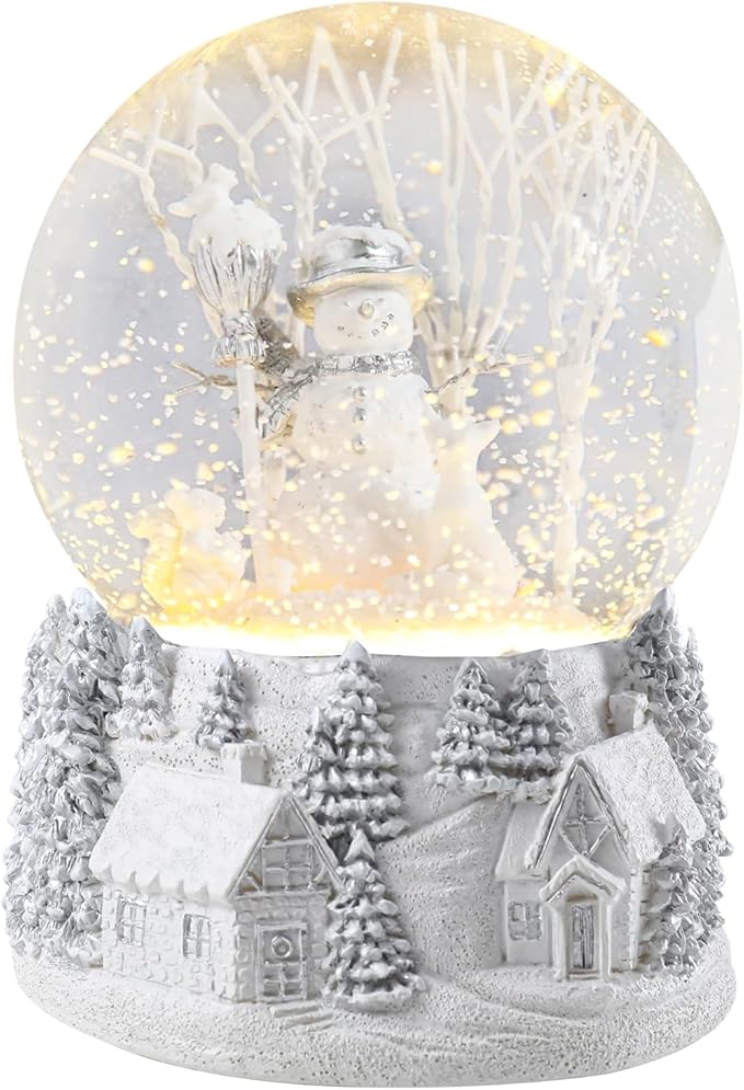 Christmas Snow Globe Musical Snowman Country Village Silver Xmas Tree White Water Snow Globes LED Light Change Music Box Home Christmas Decor for Kids Snowman Snow Globes