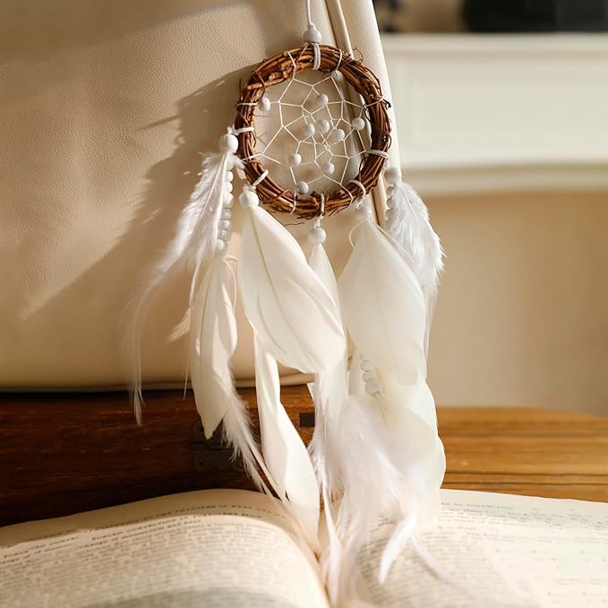 Mini Dream Catcher Car Rear View Mirror Accessories White Wall Hanging Native American Car Interior Decor Charms Natural Rattan Feathers Ornament for Women