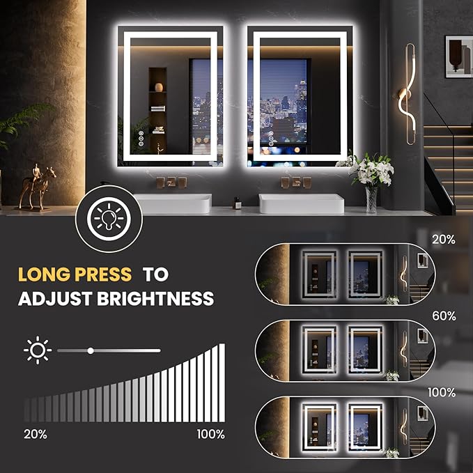 LOAAO 23.6"x31.5" LED Mirror for Bathroom, Lighted Bathroom Mirror with Lights, Anti-Fog, Dimmable, Memory Function, Clear Reflection