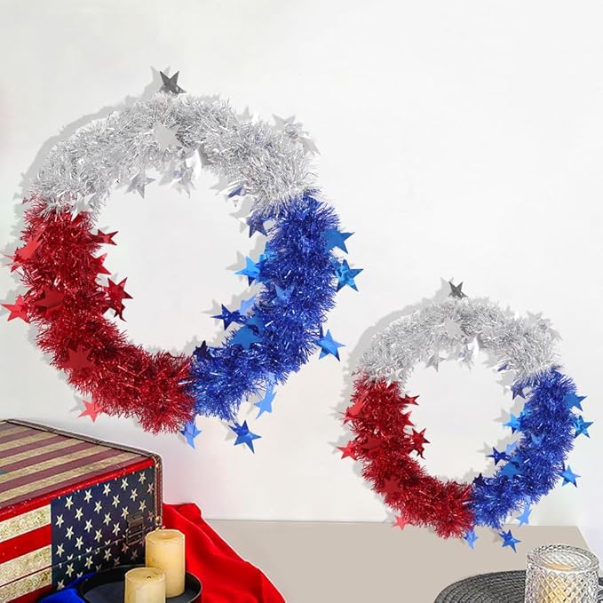 Patriotic Wreath for Front Door Red White Blue Wreath 4th of July Wreaths for Door Wall Memorial Day Decor Independence Day Hanging Decoration for Outside Home Farmhouse Holiday (Shiny A)