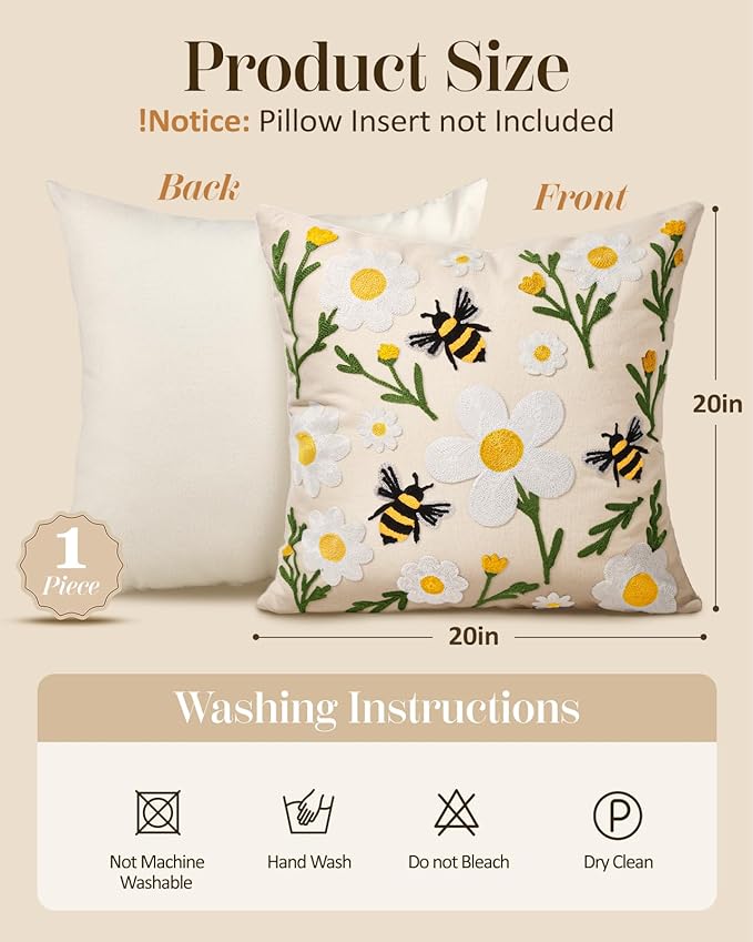 Embroidered Throw Pillow Cover 20x20 Inch - Spring Summer Boho Decorative Pillow Cover with Zipper for Living Room Couch Sofa Bed Aesthetic Design Flower Bee Cushion Pillowcase