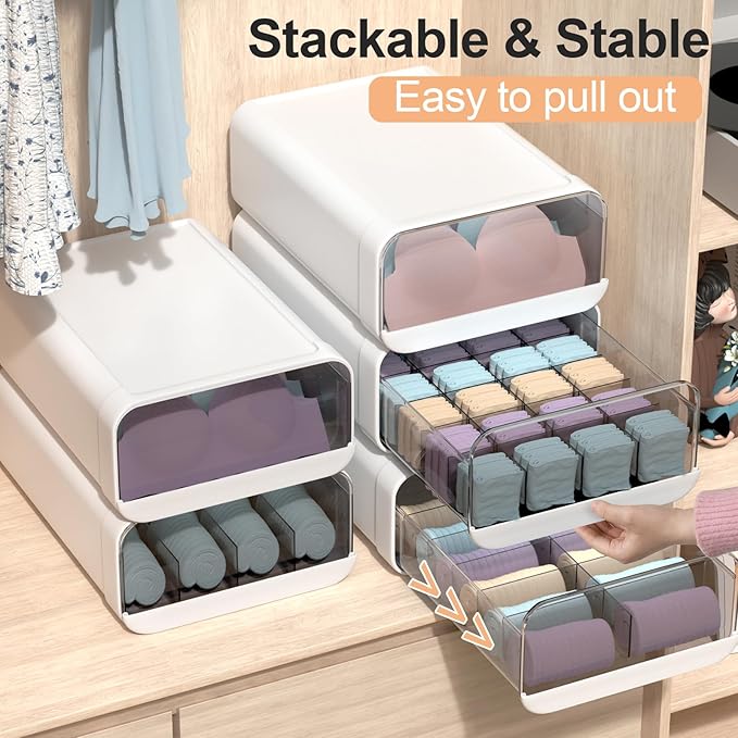 Underwear Organizer Drawer, 12 Cells Plastic Sock Underwear Storage Drawer, Stackable Closet Organizers and Storage Box for Bras, Socks, Scarves, Ties, Belt (King Size-White, 1 Pcs)