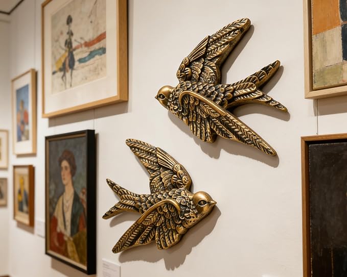 AMOIENSIS Bird Wall Sculpture Art, Set of 2, 4.75 Inch Resin Antique Gold Bird 3D Sculpted Floating Hanging Wall Decoration