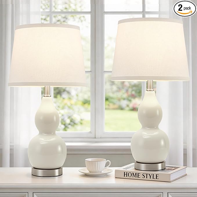 GyroVu 22" Table Lamp Set of 2, Color Temperature Adjustable Double Gourd Ceramic Lamps Classic Nightstand Table Lamps for Bedroom Beside Lamps for Living Room, Cream-Bulbs Included