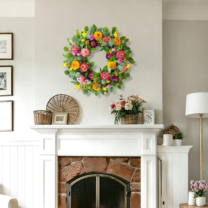Spring Wreaths for Front Door 24 Inch Outdoor Spring Wreath with Peony Rose Ranunculus & Eucalyptus,Handmade Silk Summer Wreaths for Front Door,Spring Door Wreath for Porch Home Wall Window