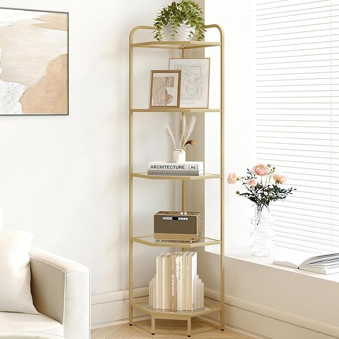 Hzuaneri Corner Shelf Stand, 5-Tier Glass Bookshelf Bookcase, Bathroom Organizer, Plant Stand, Steel Frame, Tempered Glass, Modern Style for Living Room, Bathroom, Kitchen, Golden CS90200G