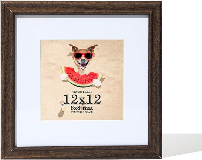 12x12 Picture Frame Walnut, 12 x 12 Picture Frames Matted to 8 x 8,Square 12 x 12 Frame with Tempered Real Glass,Rustic Wooden 12x12 Photo Frame Wall- Home Decor Gifts