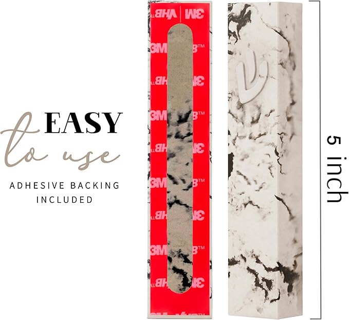 SURI Mezuzah for Door – 5 Inch Marble Off-White Concrete Mezuzah Case with Printed Scroll, Self-Stick Jewish Entry Design, Fits a 4 Inch Scroll, Gift Box Included