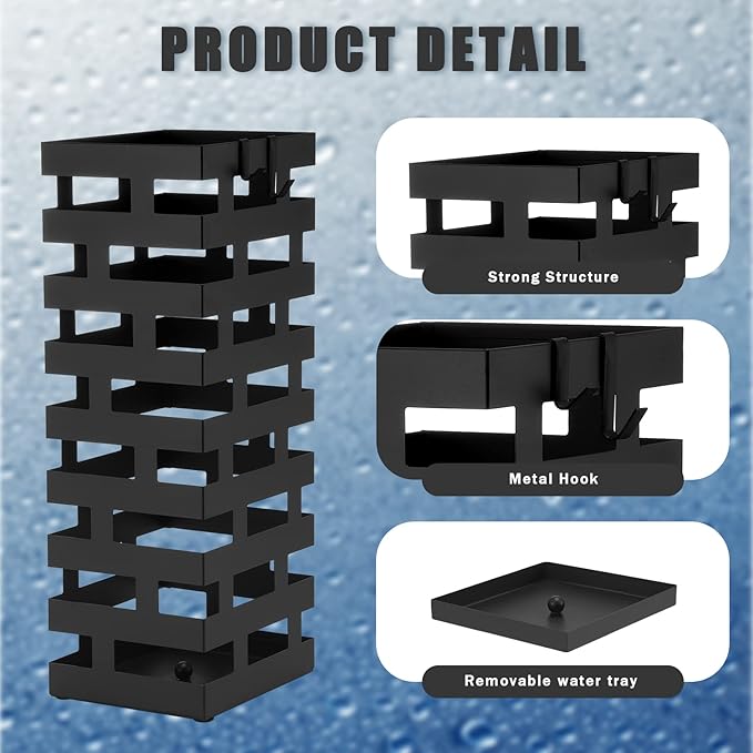 Tudomro Umbrella Stands for Entryway Large Metal Umbrella Holder 6.3 x 5.5 x 16.5 Inches with Removable Water Tray and Hooks Decor Freestanding Rectangular Hollow Rack for Home Office(Black)
