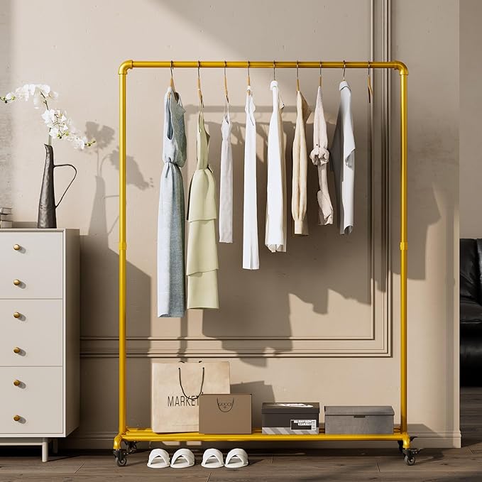 Gold pipe clothing rack with Bottom Shelf,rolling clothes rack heavy duty,garment racks for hanging clothes,Hanging Rack Closet Organizer for Bedroom,Retail (gold)