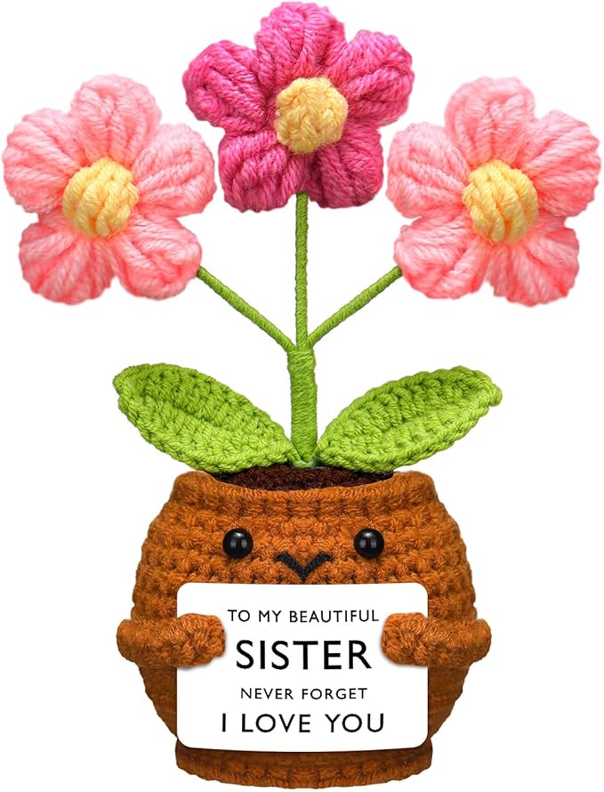 Wavwavw Sister Gifts Handmade Crochet Doll with Card Crochet Present for Sisters Sis Big Little Sister Birthday Wedding Home Decor(Flowers)