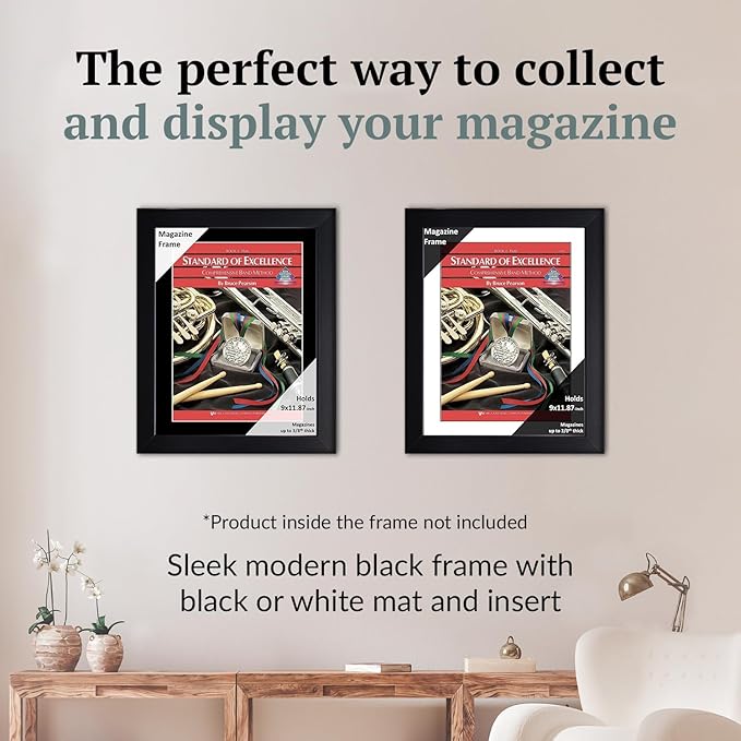 Creative Picture Frames 9 x 11.87 Magazine Frame with Full-Strength Glass, Holds Up To A 1/4" Thick Media with Installed Hangers for Easy Mounting, 11x14 Black Frame with Black Mat