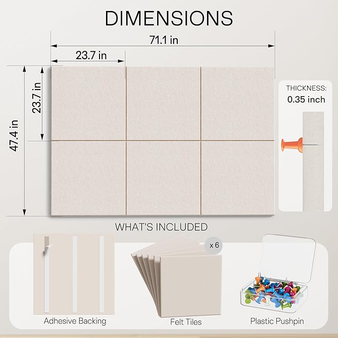 MaxGear Extra Large Cork Board for Wall 72" x 48", Light Tan Bulletin Board, 6 Pack Felt Wall Tiles with Pushpins, Cork Boards for Office Push Pin Board Tack Board Felt Board