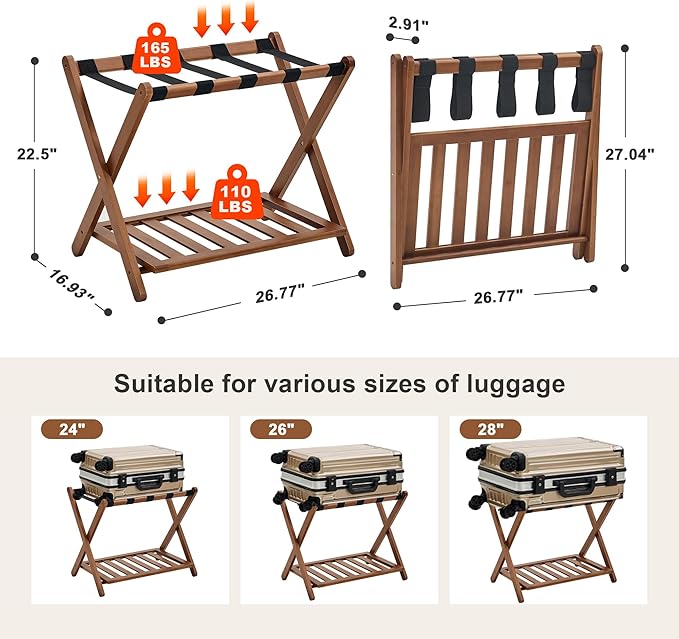 Fully Assembled Luggage Rack, Walnut Luggage Rack for Guest Room, Bamboo Folding Suitcase Stand with Storage Shelf, 5 Nylon Straps, Heavy Duty Luggage Holder for Bedroom Hotel, 1 Pack